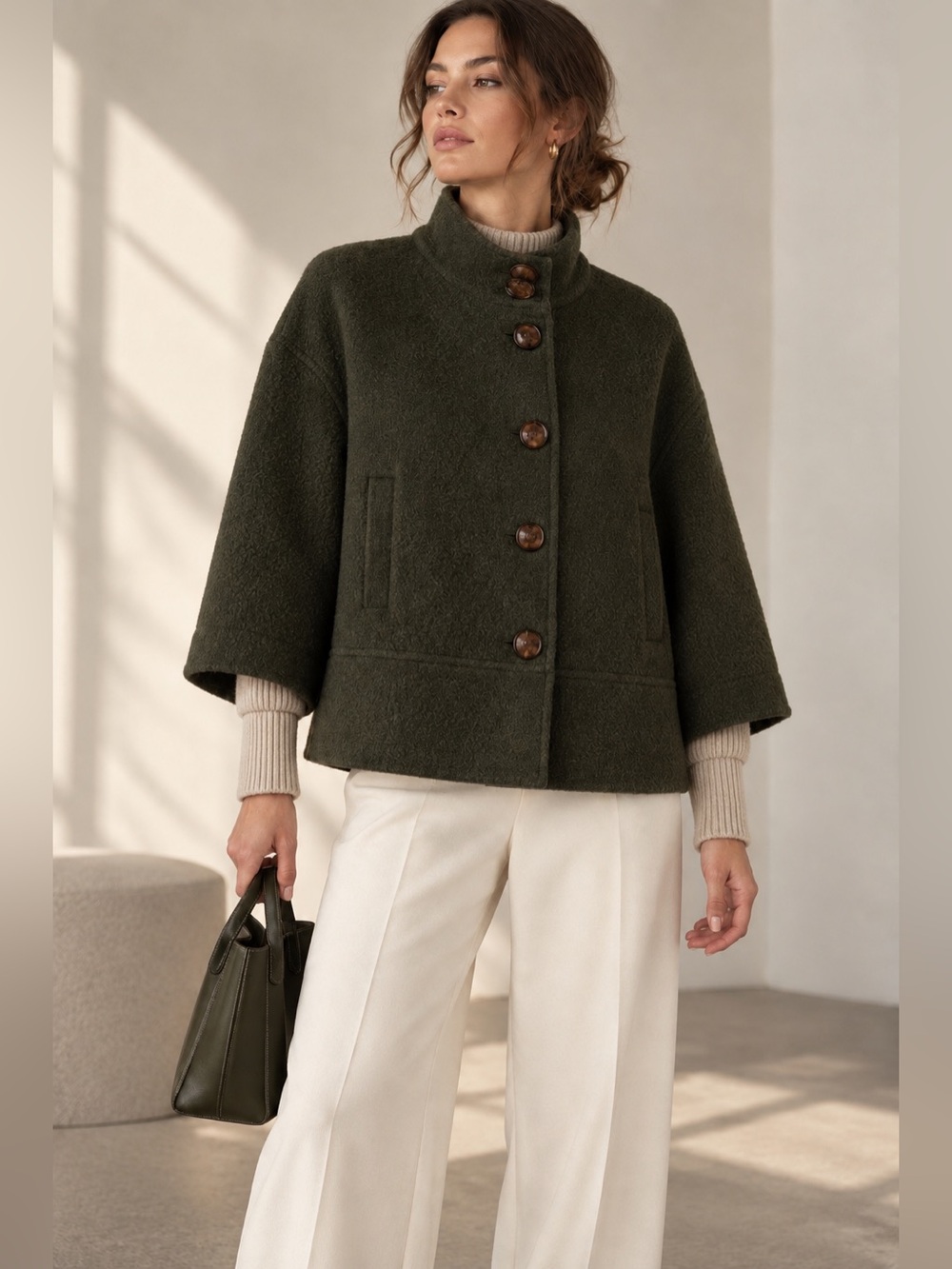 Jones New York Womens Merino Wool Olive Button Down 3/4 Sleeves Jacket Size L